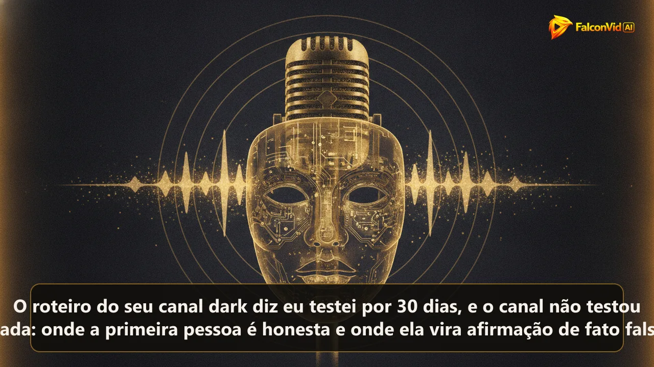 Uma máscara dourada translúcida flutuando diante de um microfone enquanto ondas sonoras douradas atravessam a máscara.
