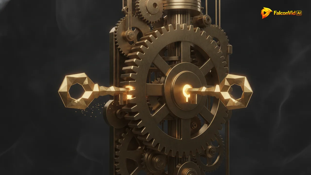 Two golden keys made for the same gear socket, one sliding out and the other sliding in, with the rest of the machine untouched.