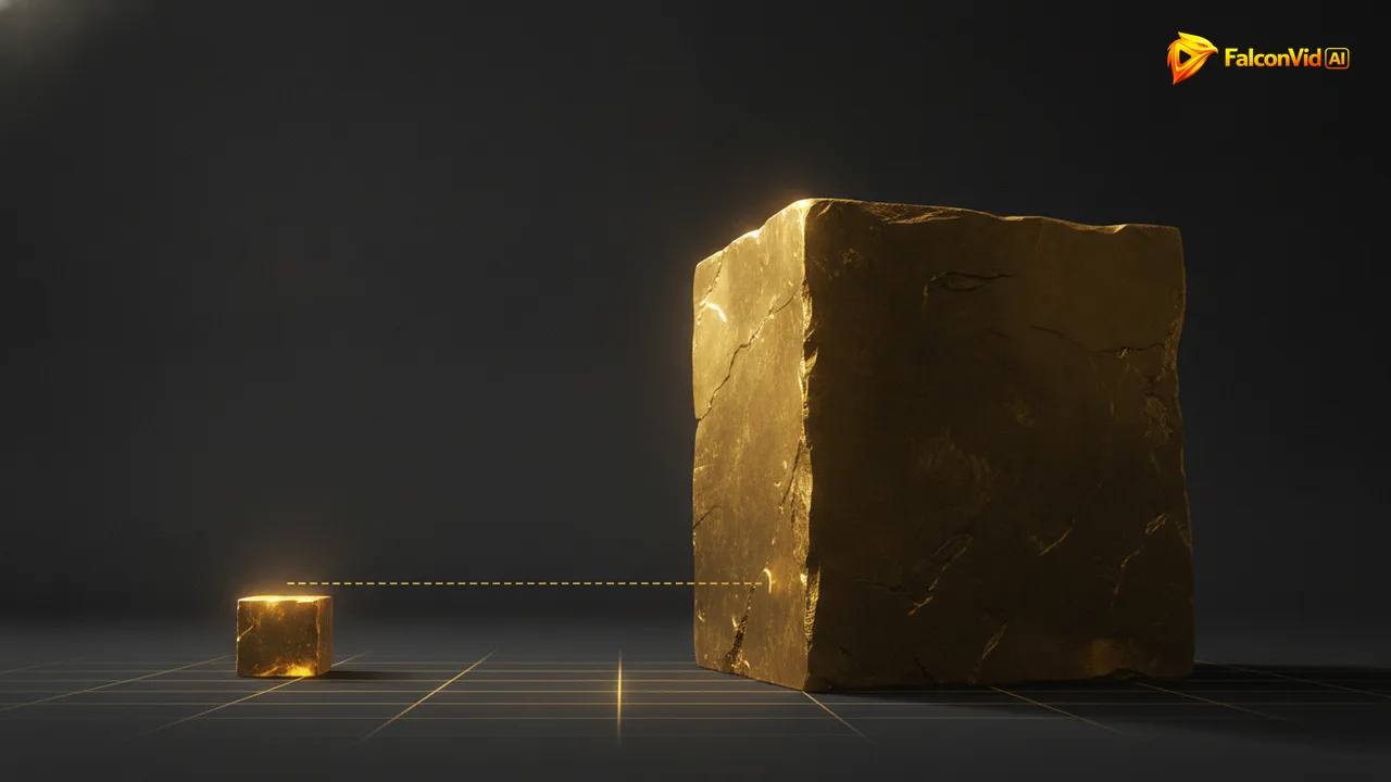 A tiny glowing golden cube next to an enormous golden block, with a measuring line showing the difference in scale.