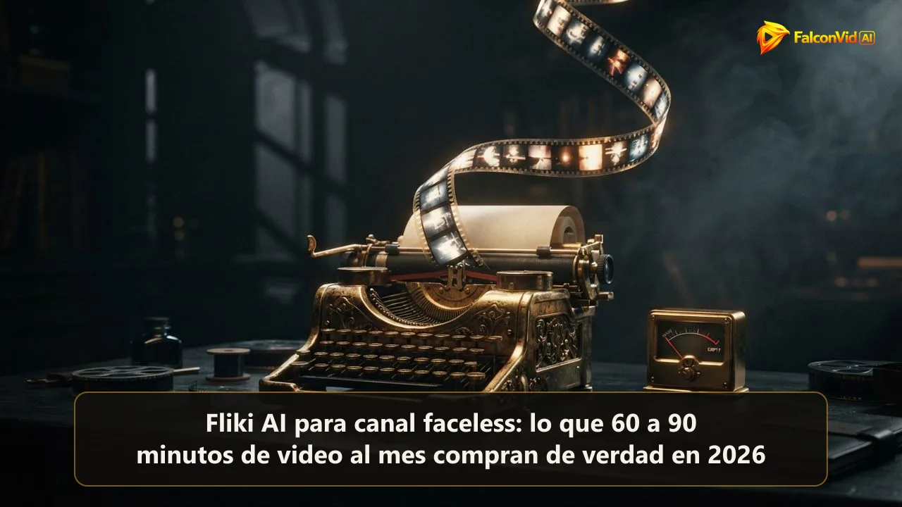Una máquina de escribir dorada cuyo papel se convierte en una cinta de fotogramas junto a un medidor casi vacío
