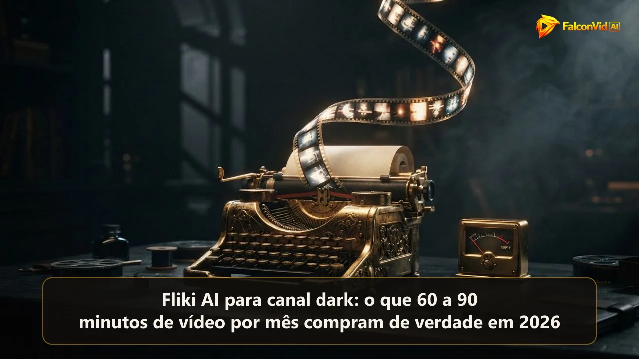 Uma máquina de escrever dourada cujo papel vira uma fita de quadros de filme ao lado de um medidor quase vazio