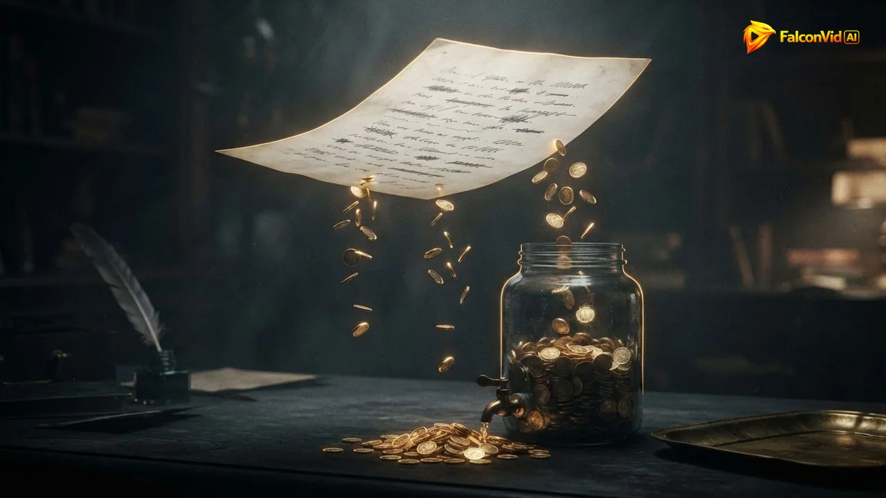 A script page with rewritten lines, each one dropping a golden coin into a glass jar that slowly empties