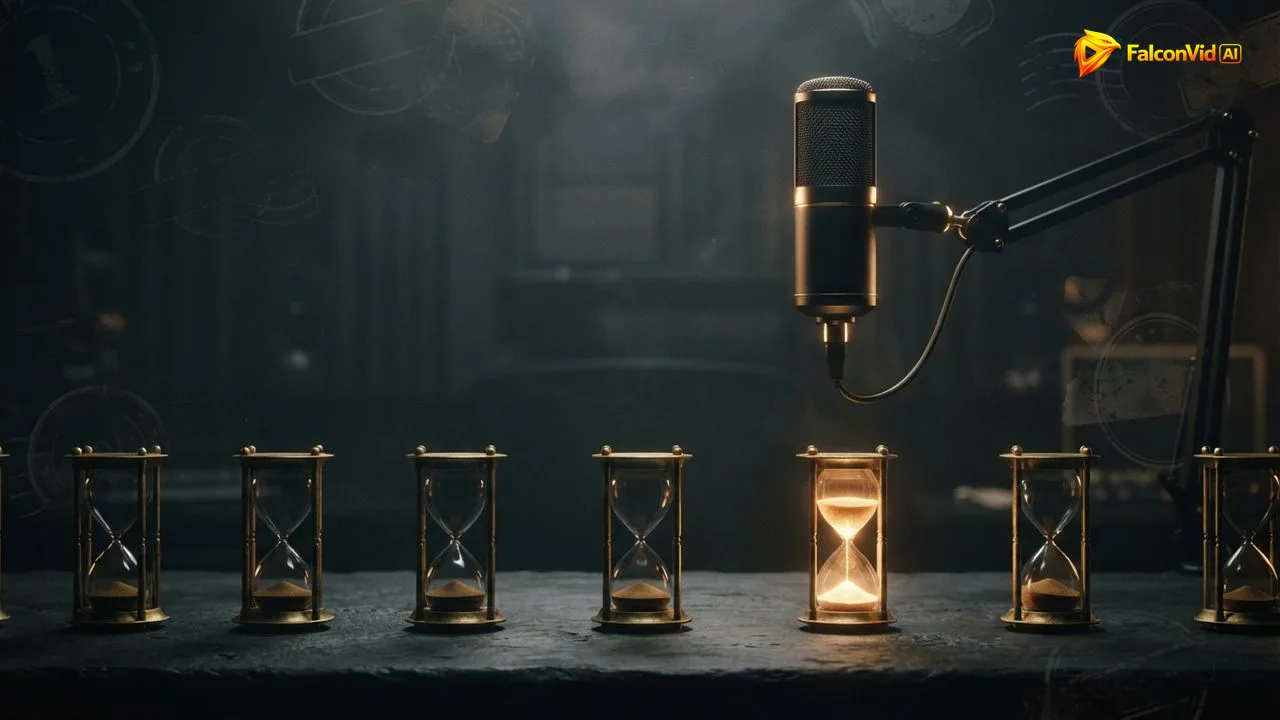 Um microfone de estúdio iluminado ao lado de uma fila de pequenas ampulhetas, quase todas já vazias, como minutos grátis acabando