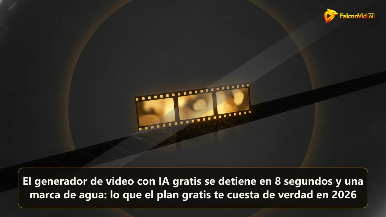 Una tira de película dorada de tres cuadros flotando frente a una línea de tiempo vacía enorme, cruzada por una banda de marca de agua.