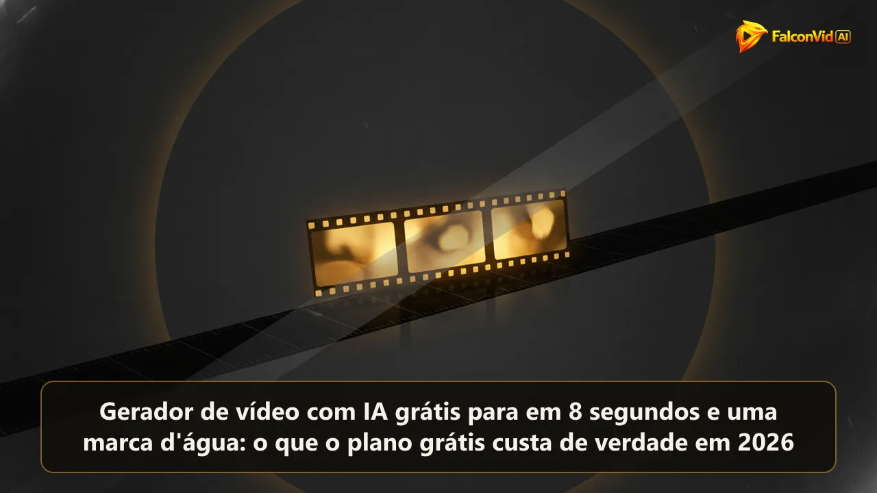 Uma tira de filme dourada de três quadros flutuando diante de uma linha do tempo vazia enorme, cortada por uma faixa de marca d'água.