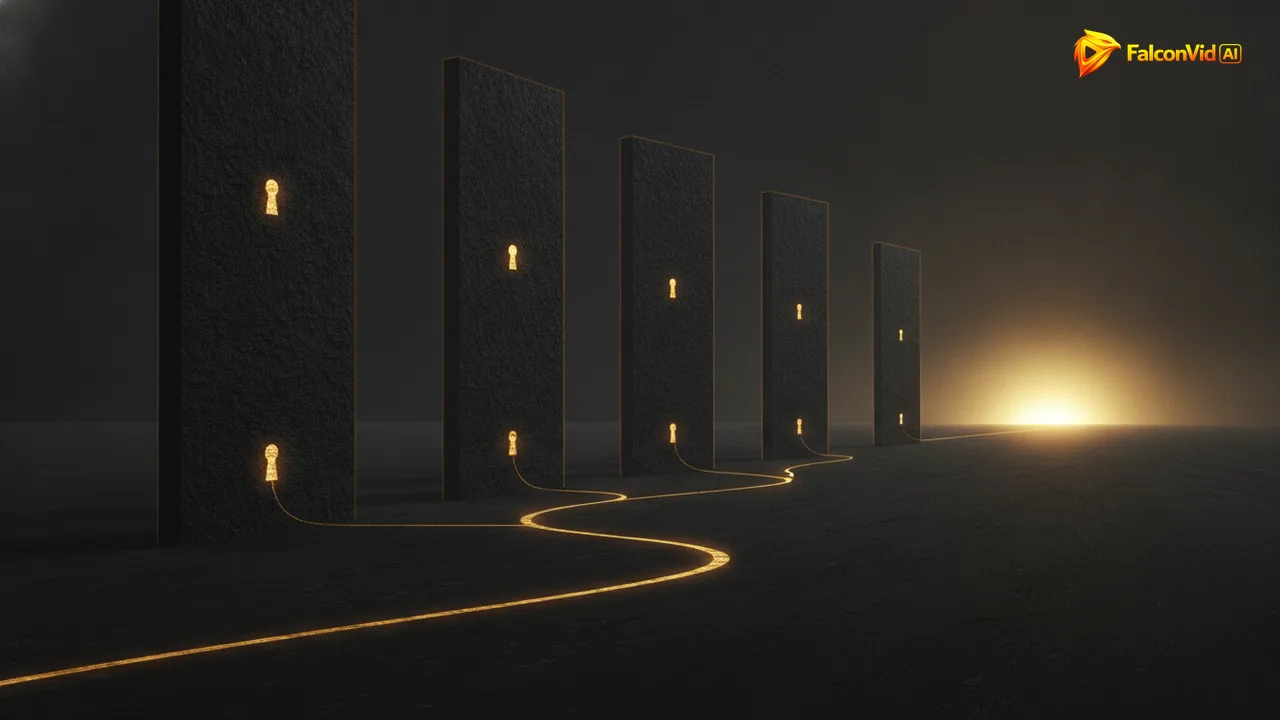Five tall dark walls in a row, each with a small golden keyhole, and a luminous path weaving between them toward a bright horizon.