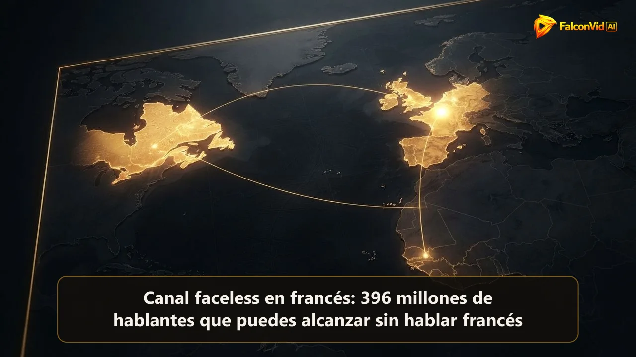 Un mapa oscuro con Europa occidental, Canadá y África unidos por líneas doradas, el mercado de habla francesa como segundo canal