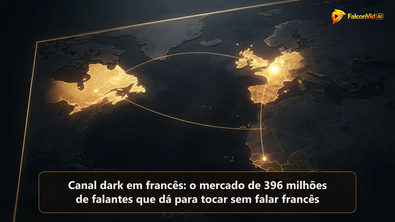 Um mapa escuro com a Europa ocidental, o Canadá e a África ligados por linhas douradas, o mercado de língua francesa como segundo canal
