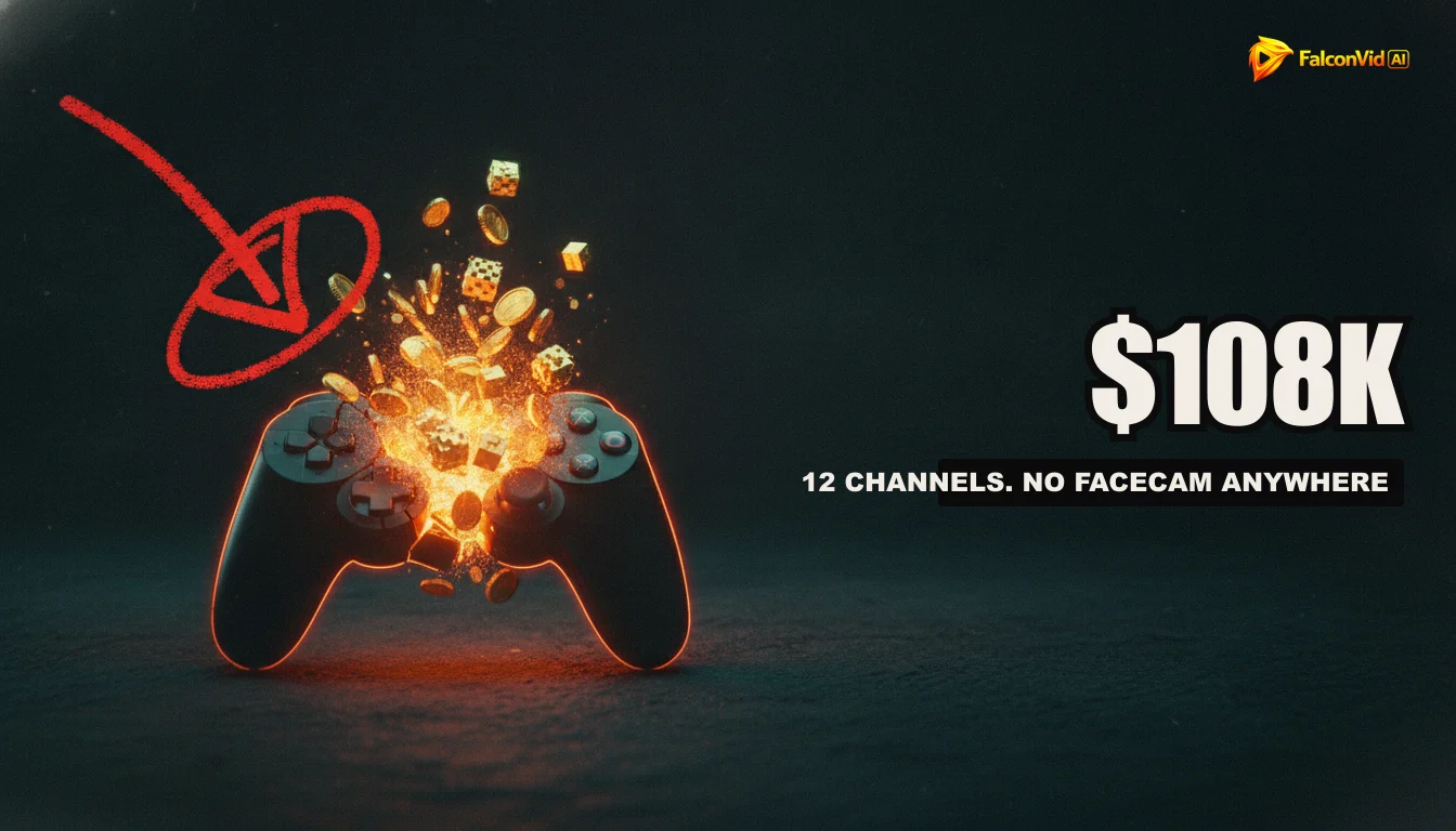 An illustration of a video game controller casting a long shadow, where the shadow reveals a person creating content on a laptop, emphasizing the 'faceless' aspect of gaming channels.