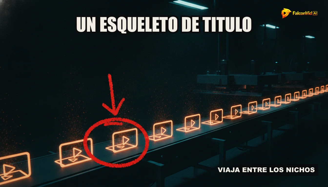 Una ilustración estilizada de una cinta transportadora futurista, mostrando iconos de video, scripts y miniaturas moviéndose a través de un proceso automatizado de creación de contenido.
