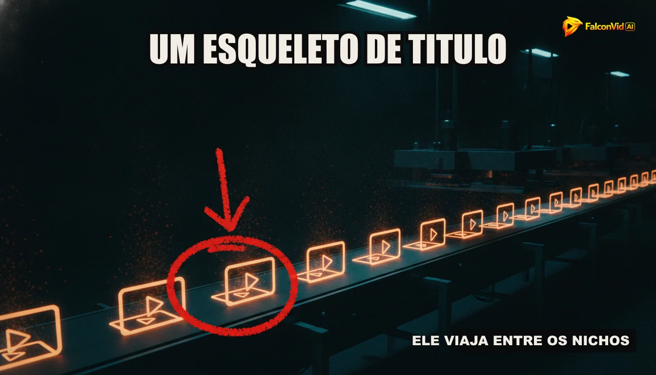 Uma ilustração de uma linha de montagem robótica criando vídeos, com telas mostrando roteiros, narrações e miniaturas prontas.