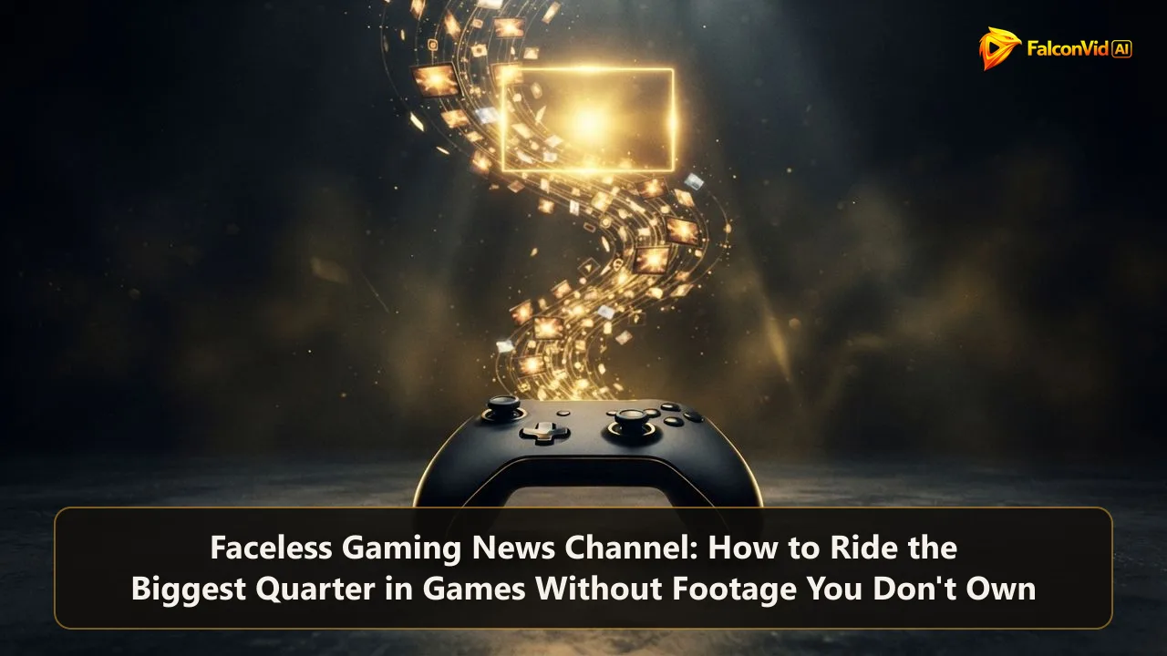 Game controller with a stream of golden news cards flowing into a video frame, illustrating a faceless gaming news channel
