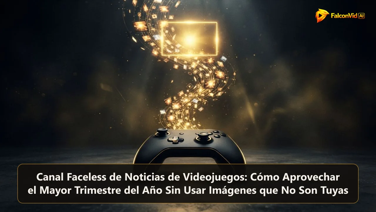 Mando de videojuego con tarjetas doradas de noticias fluyendo hacia un cuadro de video, ilustrando un canal faceless de noticias de videojuegos