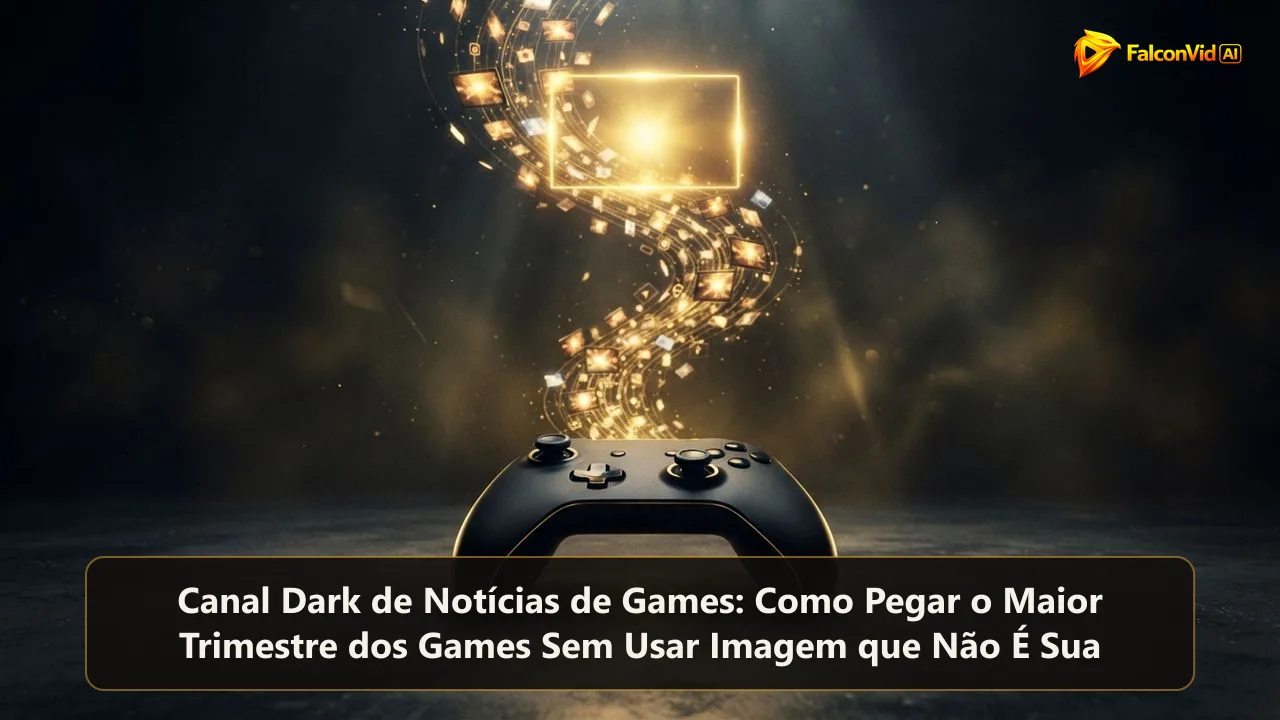 Controle de videogame com cartões dourados de notícia fluindo para um quadro de vídeo, ilustrando um canal dark de notícias de games