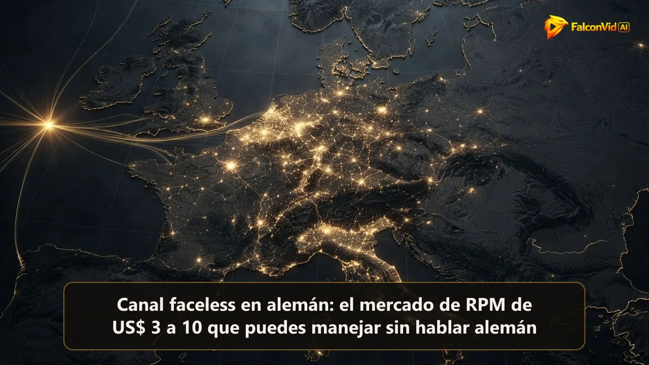 Un mapa oscuro de Europa central con una región brillando en dorado y líneas doradas entrando en ella, el mercado de habla alemana como segundo canal