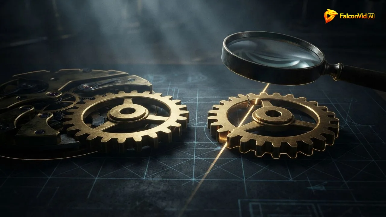 Two golden gears side by side, one with a single misplaced tooth under a magnifying lens, the small language error that gives a non native away