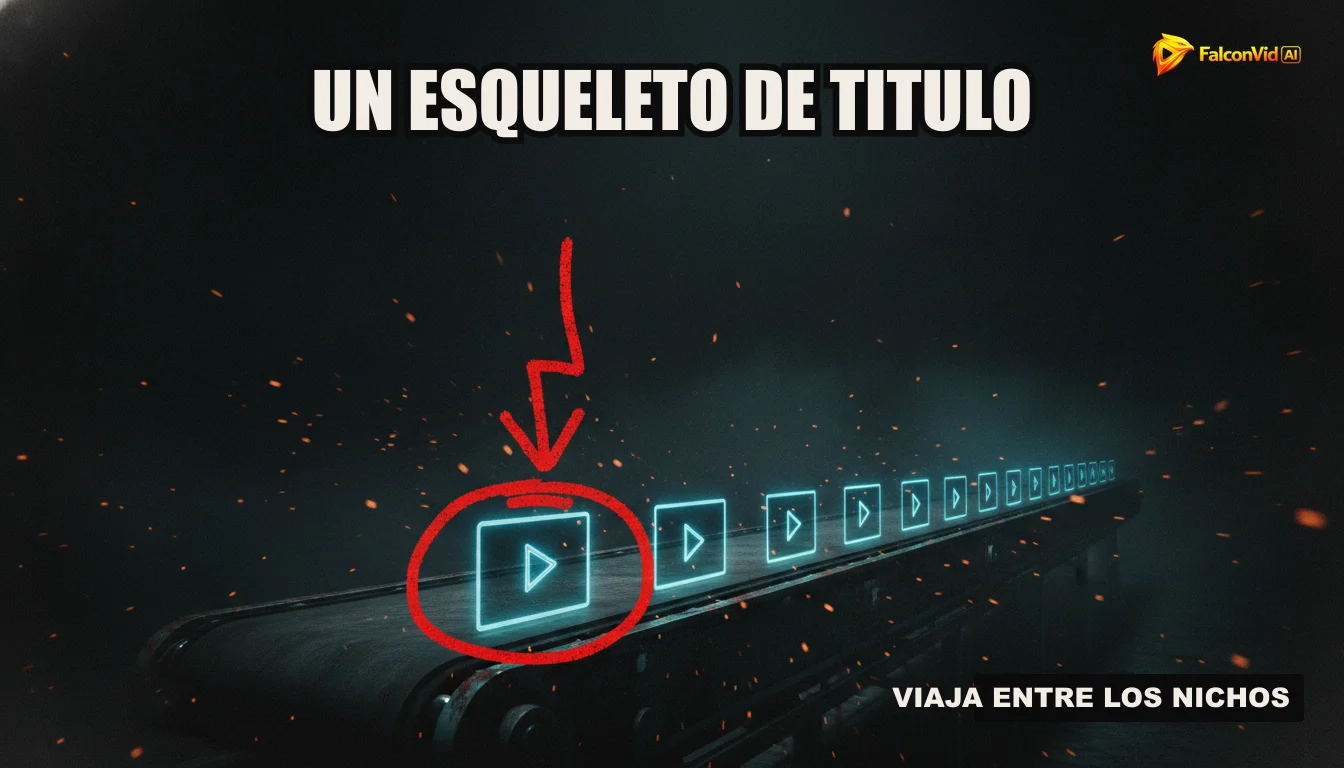 Una ilustración de un sistema automatizado produciendo videos en una cinta transportadora, representando la eficiencia de FalconVid.