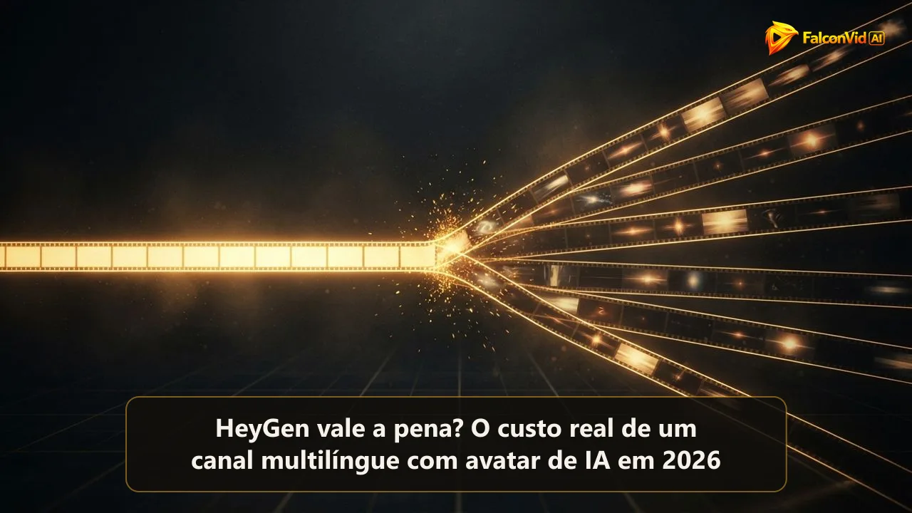 Uma única película dourada longa que se divide em várias faixas douradas paralelas num fundo escuro, um vídeo se ramificando em vários idiomas