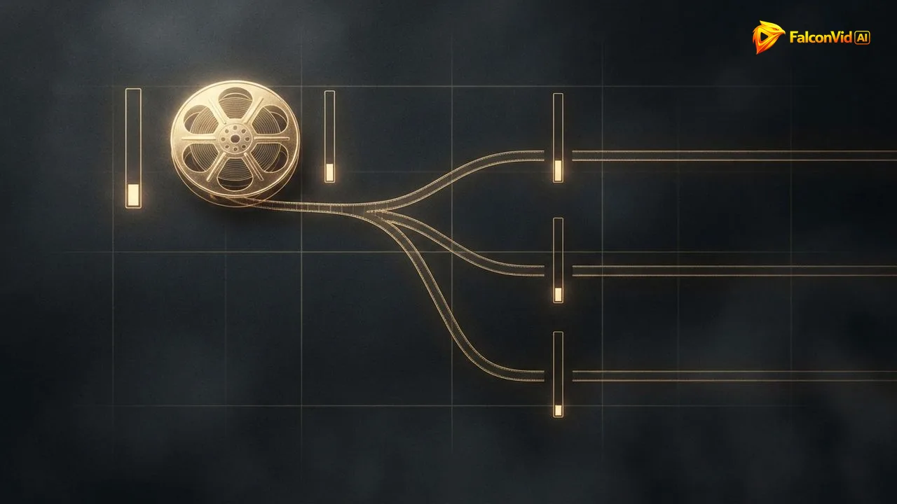 One golden film reel feeding a strip that branches into three golden tracks, each with a meter draining, one video multiplied into three languages and the credits it consumes
