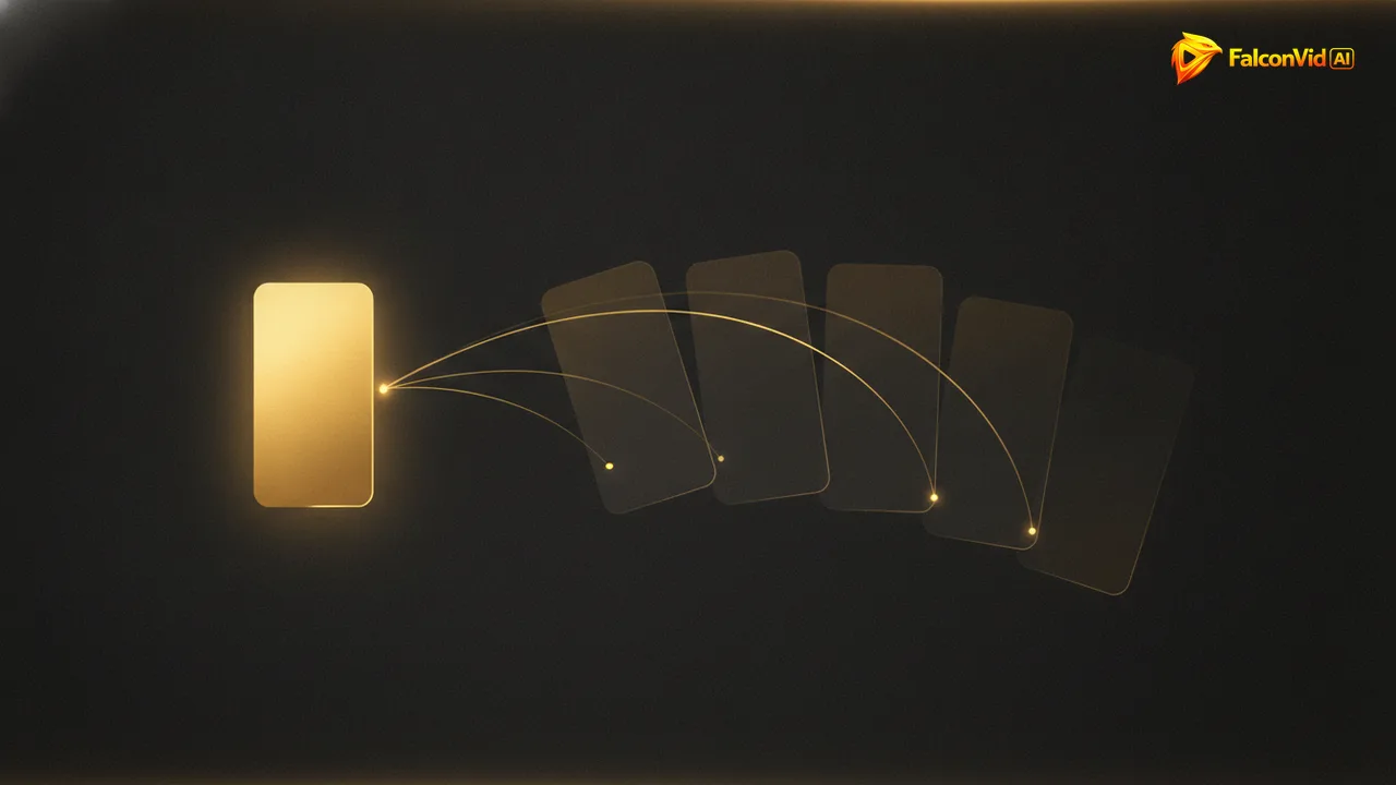 One solid golden rectangle on the left with four fainter copies fanned to the right, joined by bright threads.