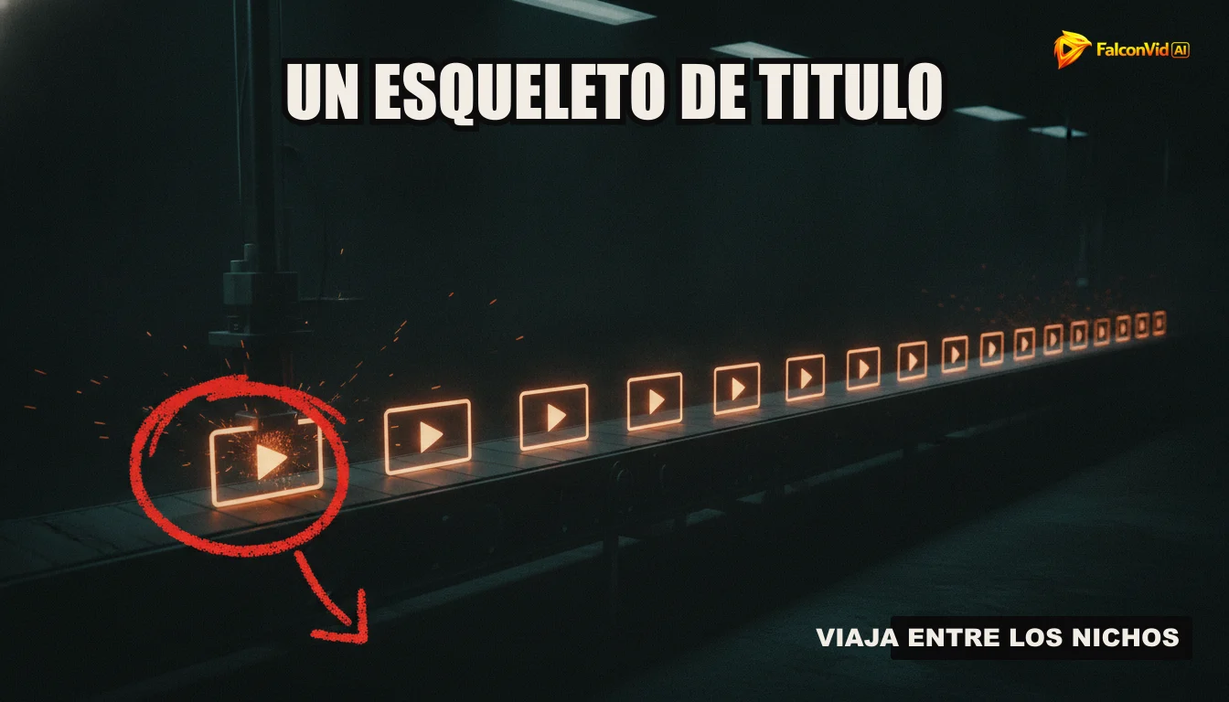 Ilustración de un sistema de producción automatizado que muestra engranajes y una cinta transportadora de videos, simbolizando la eficiencia de FalconVid.
