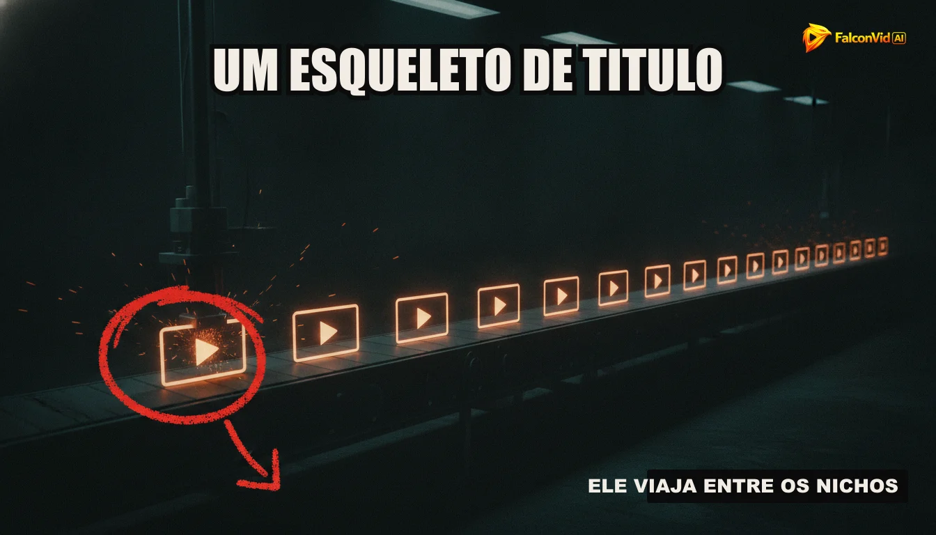 Uma ilustração de uma linha de montagem automatizada produzindo vídeos, simbolizando a criação de conteúdo em escala.
