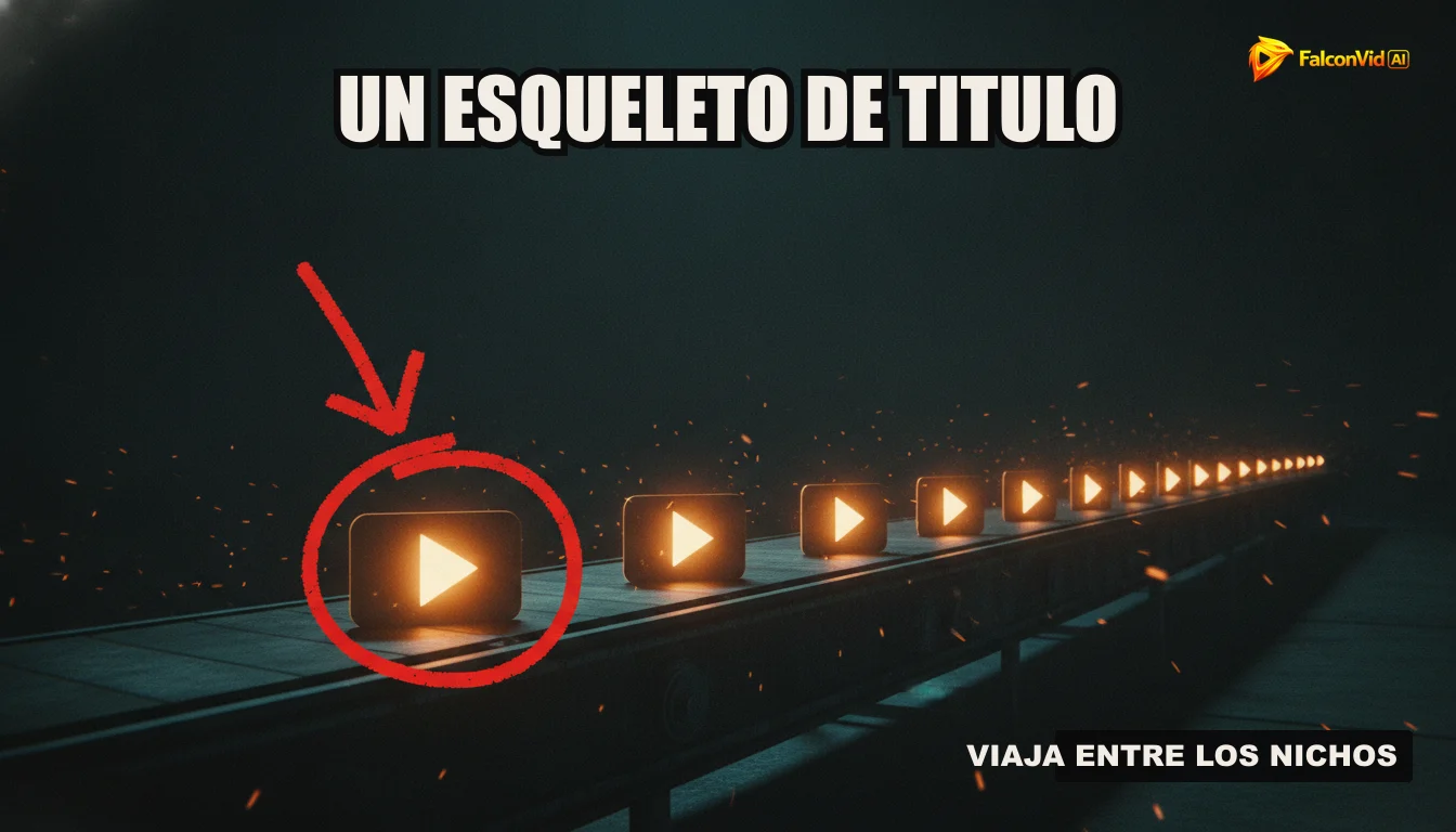 Una representación visual de una cadena de montaje futurista, donde ideas se transforman en videos terminados a través de estaciones automatizadas, simbolizando la eficiencia de la producción de contenido de FalconVid.