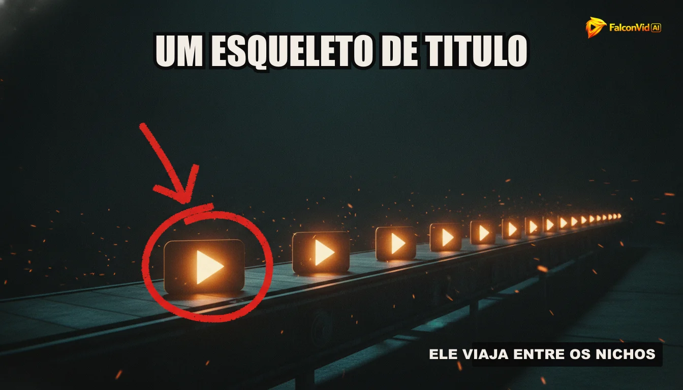 Uma ilustração de uma linha de produção automatizada com ícones do YouTube, roteiros, microfones e câmeras, representando o processo de criação de vídeo do FalconVid.