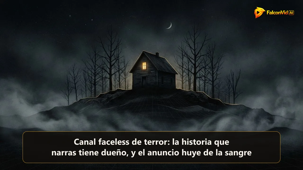 Casa aislada en una colina de noche con una sola ventana encendida y niebla alrededor, la calma antes de una historia de terror