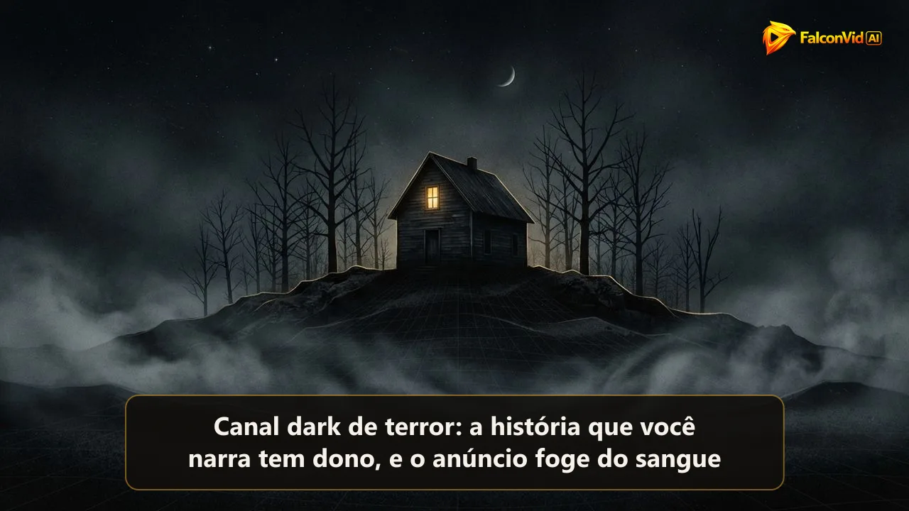Casa isolada numa colina à noite com uma única janela acesa e névoa ao redor, a calma antes de uma história de terror