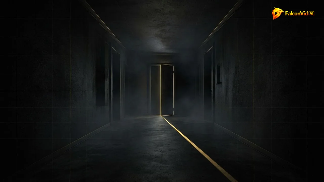 Corredor escuro com uma porta entreaberta e uma fresta de luz dourada no chão, suspense sem nada gráfico