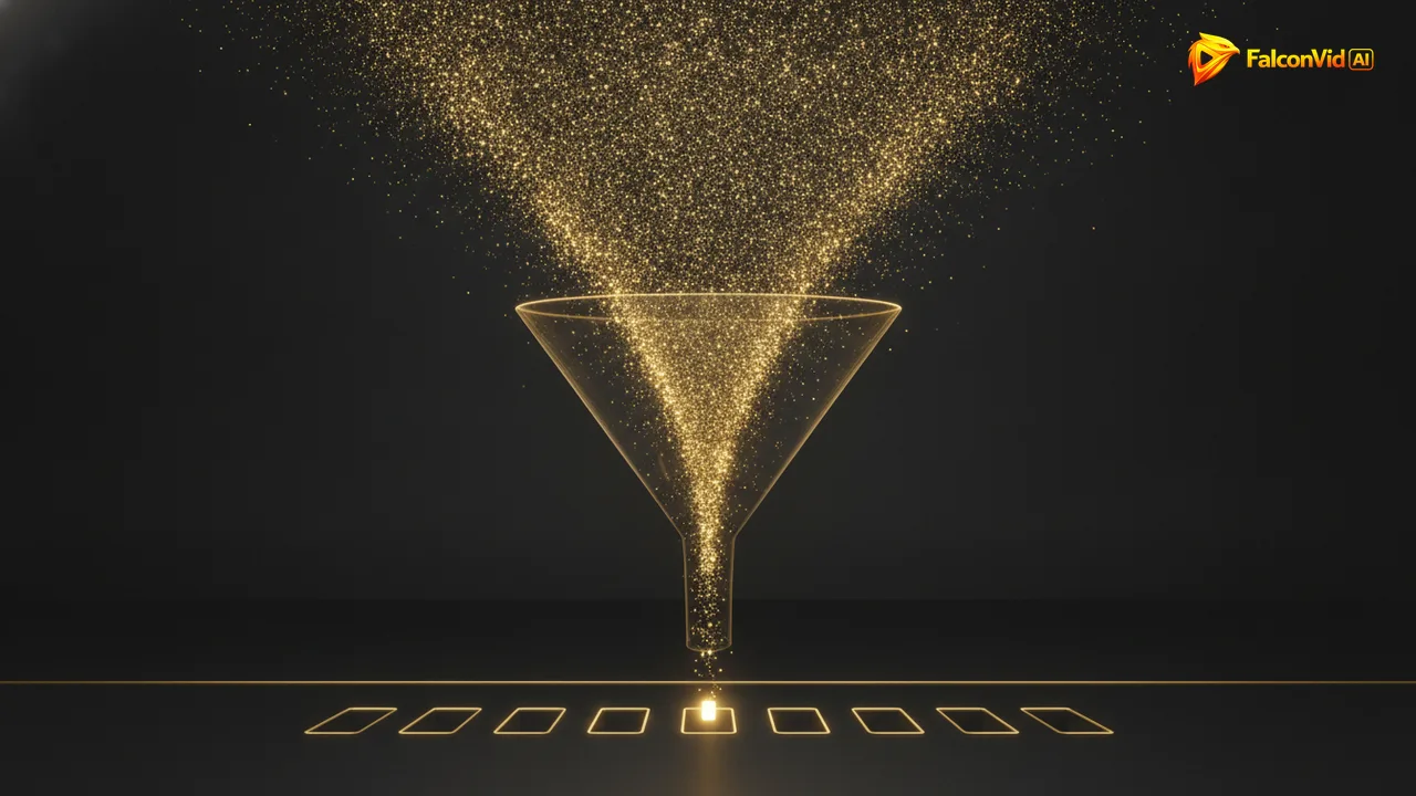 A wide flood of golden particles pouring into a tapering funnel of light, duplicates dissolving on the walls and only a few survivors falling onto a row of evenly spaced glowing slots below.