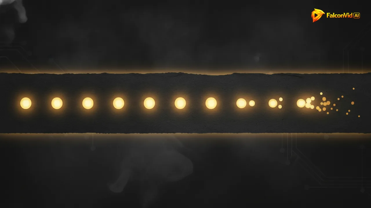 A row of glowing golden pulses along a dark timeline, evenly spaced except for a few clustered too close together and dimming.