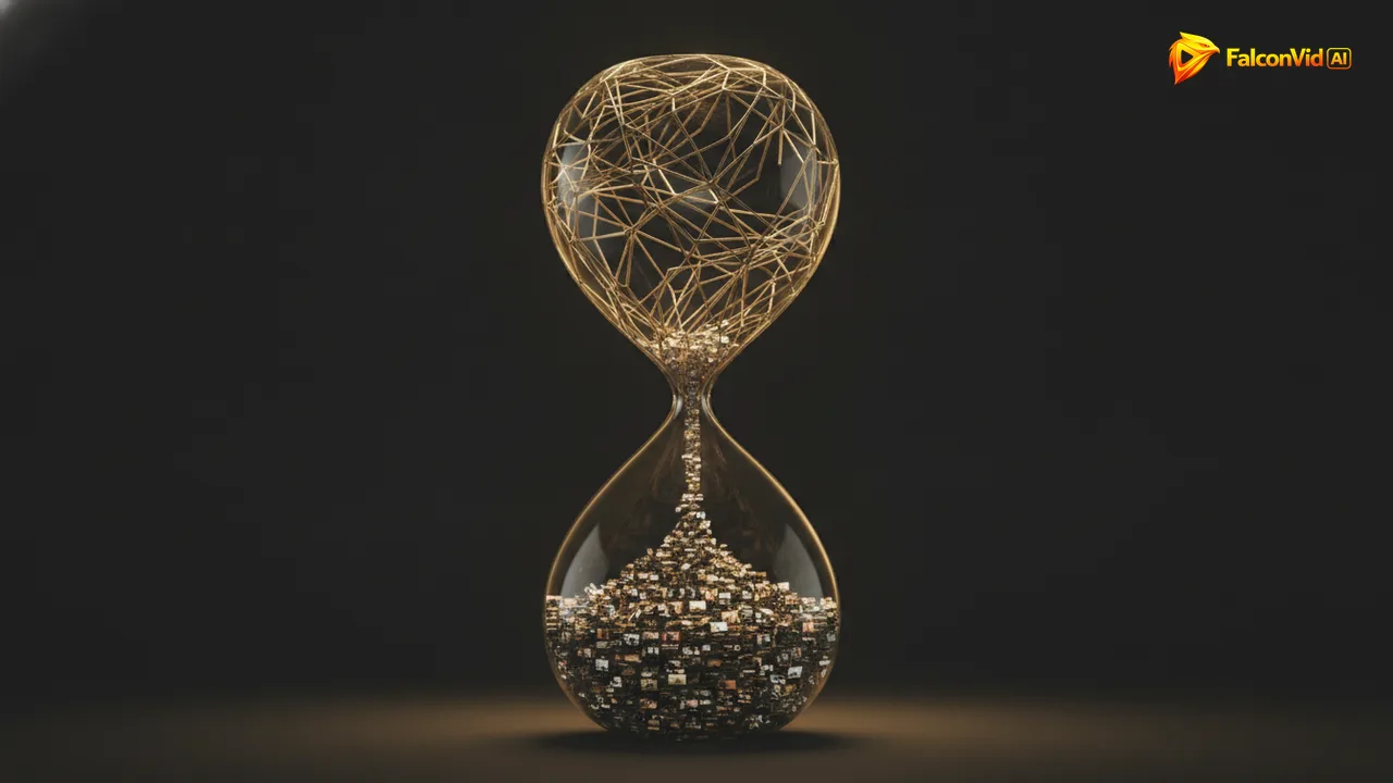 A golden wireframe hourglass whose lower bulb is built from thousands of tiny rectangles stacked like video frames