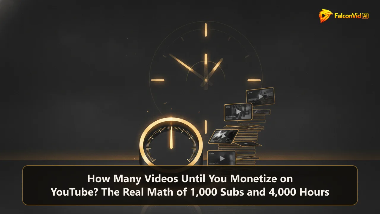 Golden counter dial beside a rising stack of video thumbnail cards on a dark desk