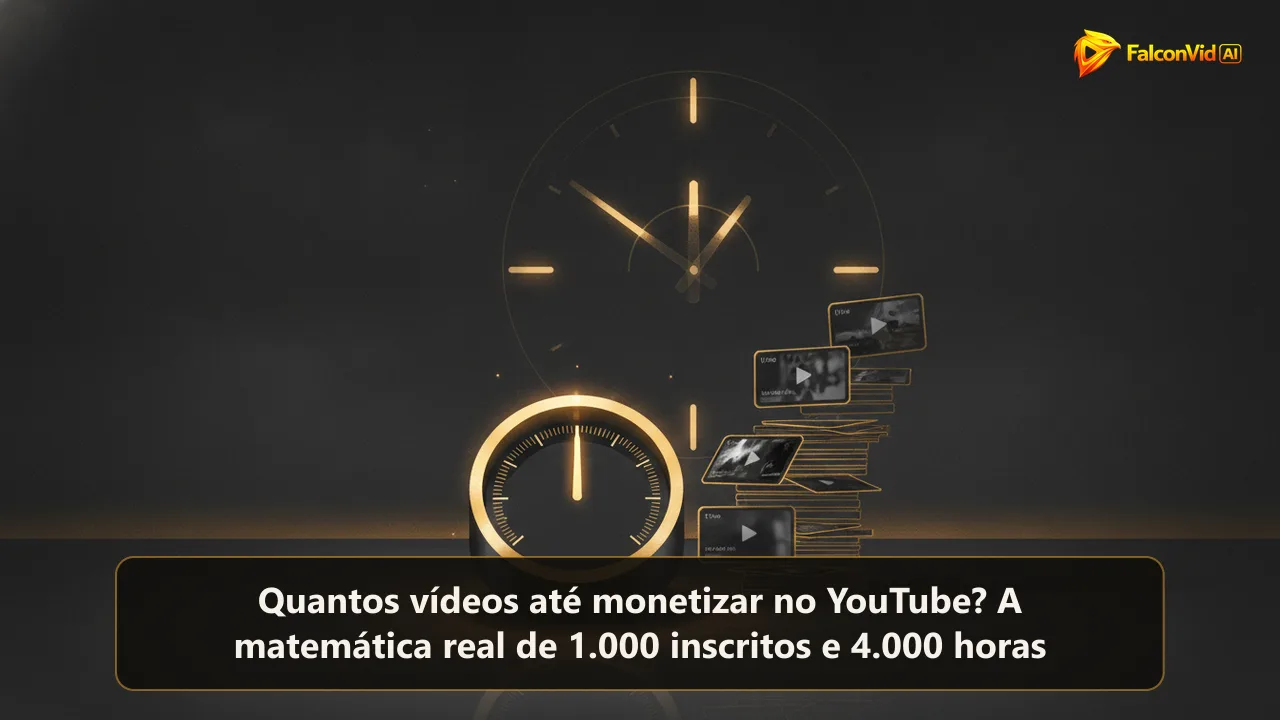 Contador dourado ao lado de uma pilha crescente de miniaturas de vídeo numa mesa escura