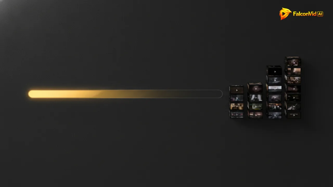 Golden progress bar nearly full beside stacks of video thumbnails