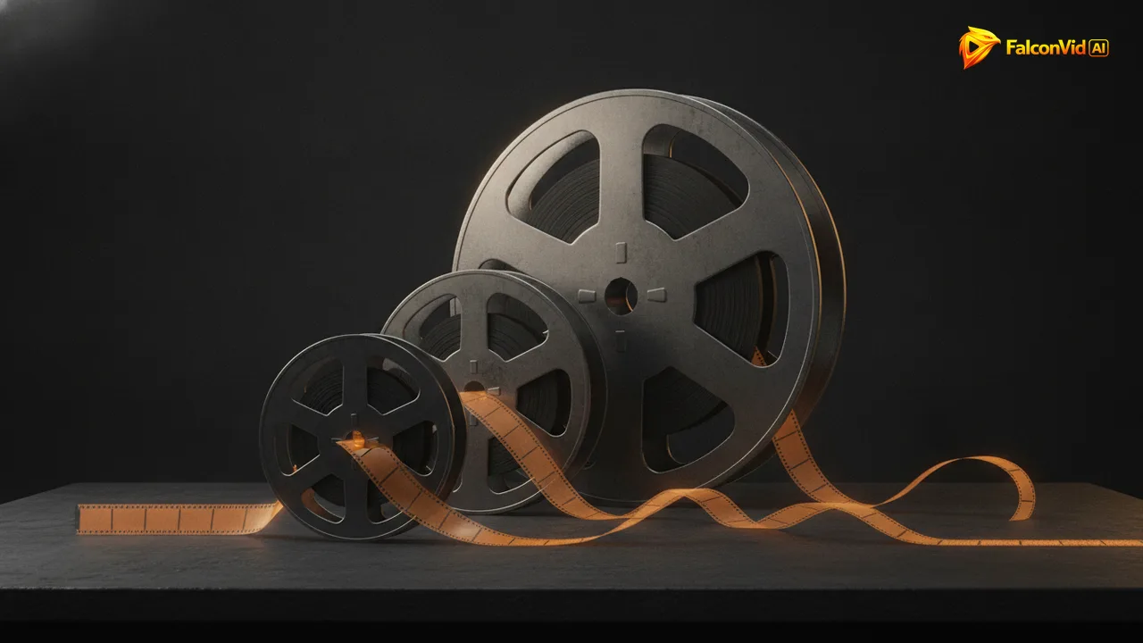 Several film reels of different diameters on a dark surface, each unspooling a glowing amber ribbon of film to a different length