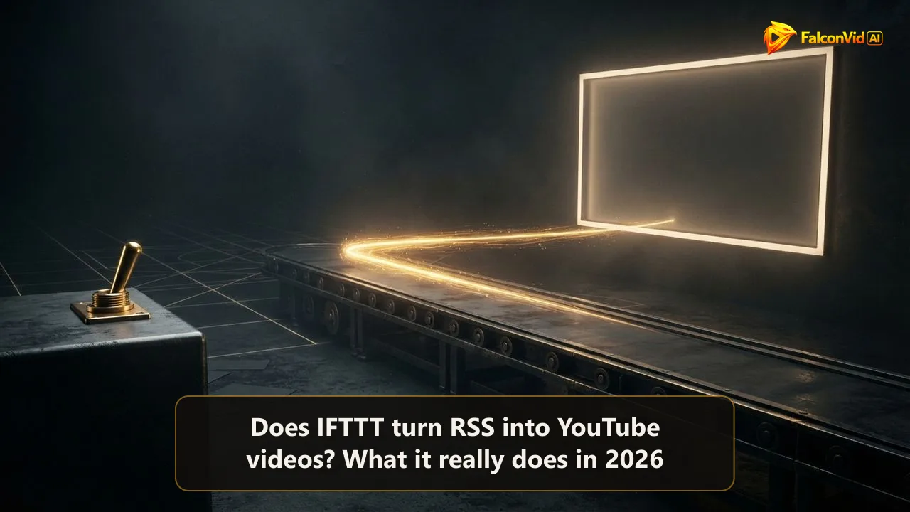 A golden switch sending a pulse along an empty conveyor belt toward an empty screen frame, an IFTTT trigger with no video to carry