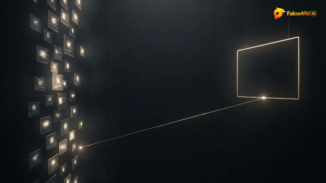 Two golden dots joined by a thin wire across an empty gap, a feed of cards on the left and an empty screen frame on the right, the video missing between an IFTTT trigger and the upload