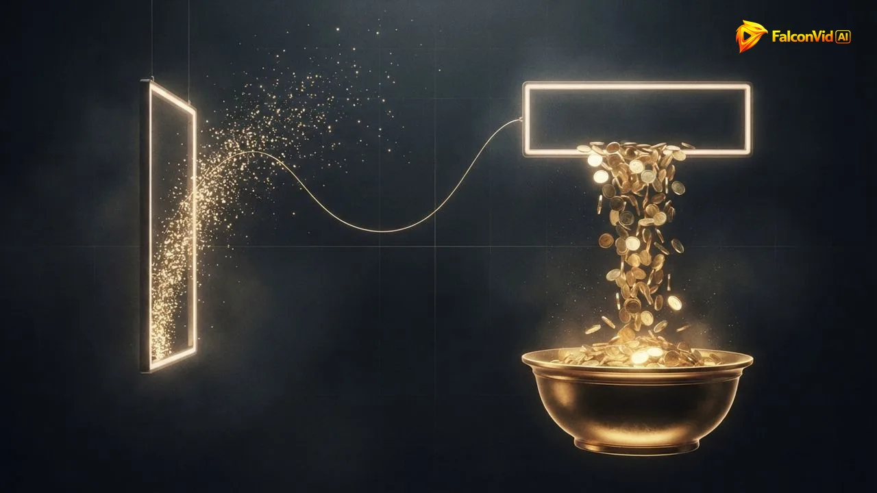 A slim vertical frame scattering a few sparks next to a wide horizontal frame pouring gold coins, a Reel's gifts versus a paid long video