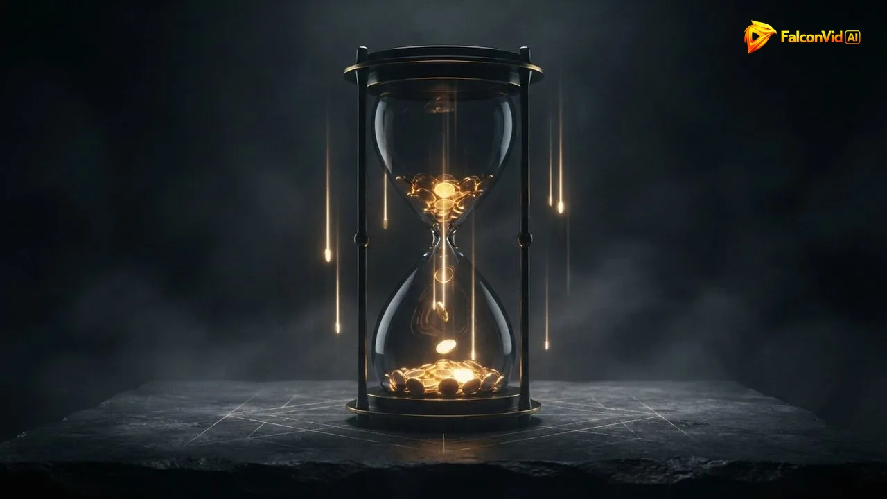 Un reloj de arena con monedas doradas que caen una a una, como se vacía el medidor de créditos por segundo mientras se genera video