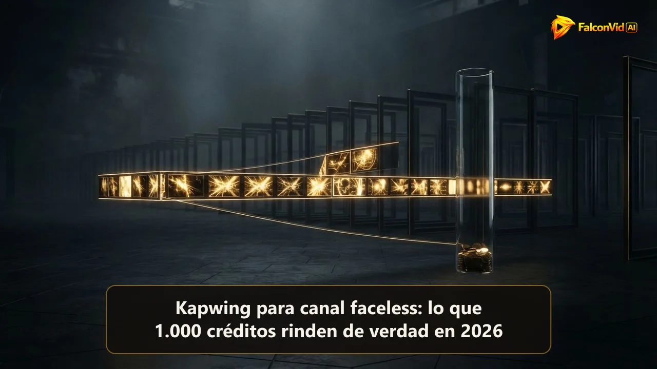 Una línea de tiempo de edición dorada y prolija junto a un medidor de vidrio con solo una capa fina de fichas doradas, y una fila larga de cuadros vacíos detrás, un editor con poco combustible de producción