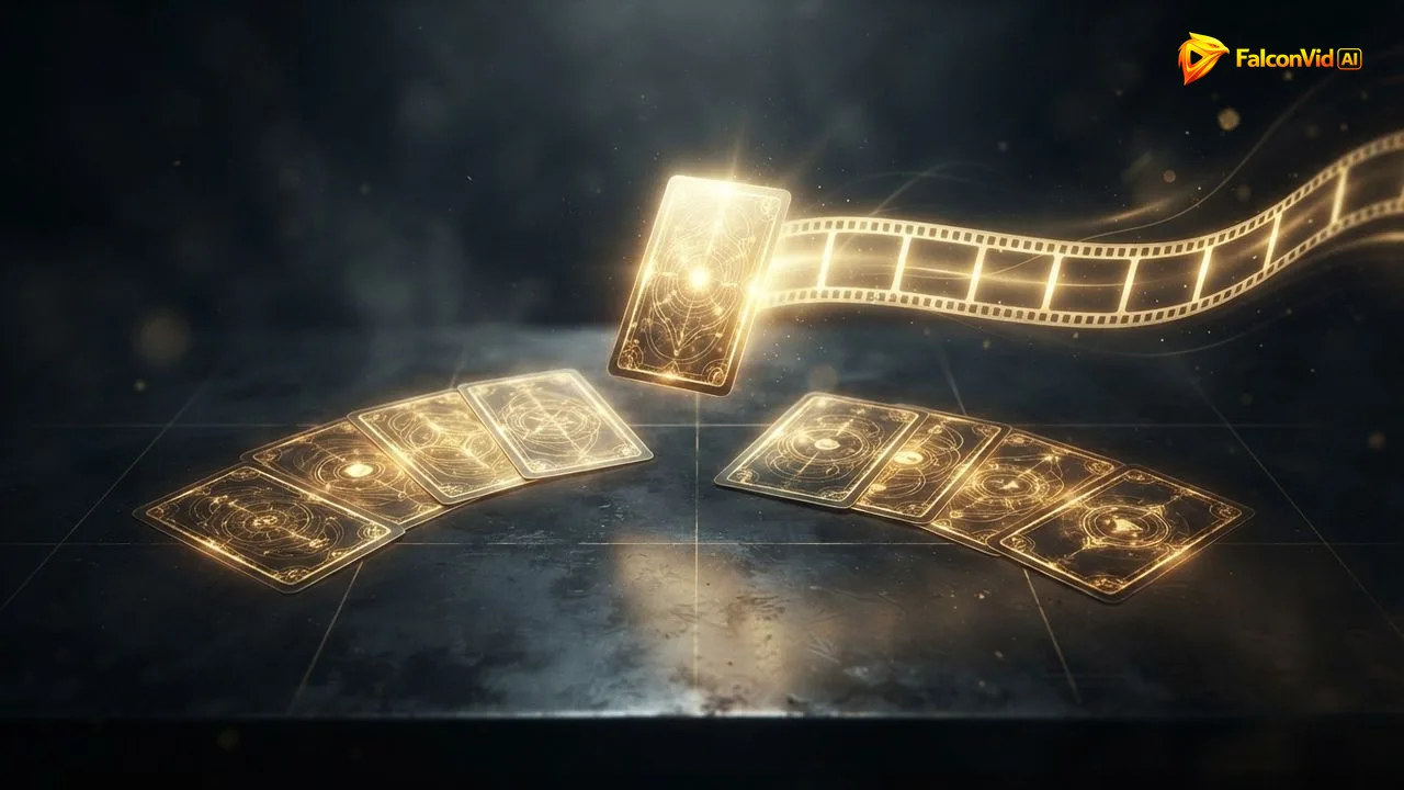Dez perguntas de atendimento abertas em leque como cartas, uma levantada virando uma tira de filme, a pergunta que o escritório responde toda semana virando o vídeo