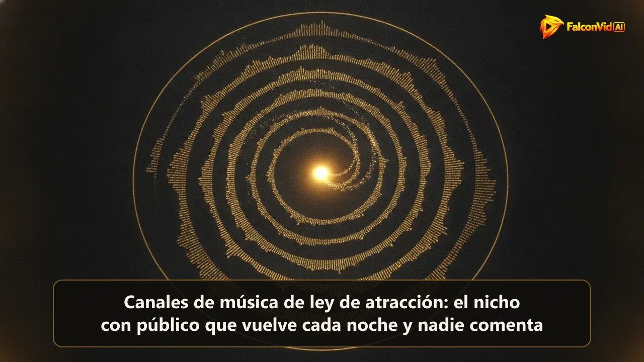Anillos dorados concéntricos de textura de onda sonora saliendo de un punto brillante, con partículas en espiral hacia dentro.