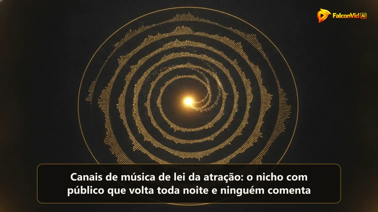 Anéis dourados concêntricos de textura de onda sonora saindo de um ponto brilhante, com partículas em espiral para dentro.