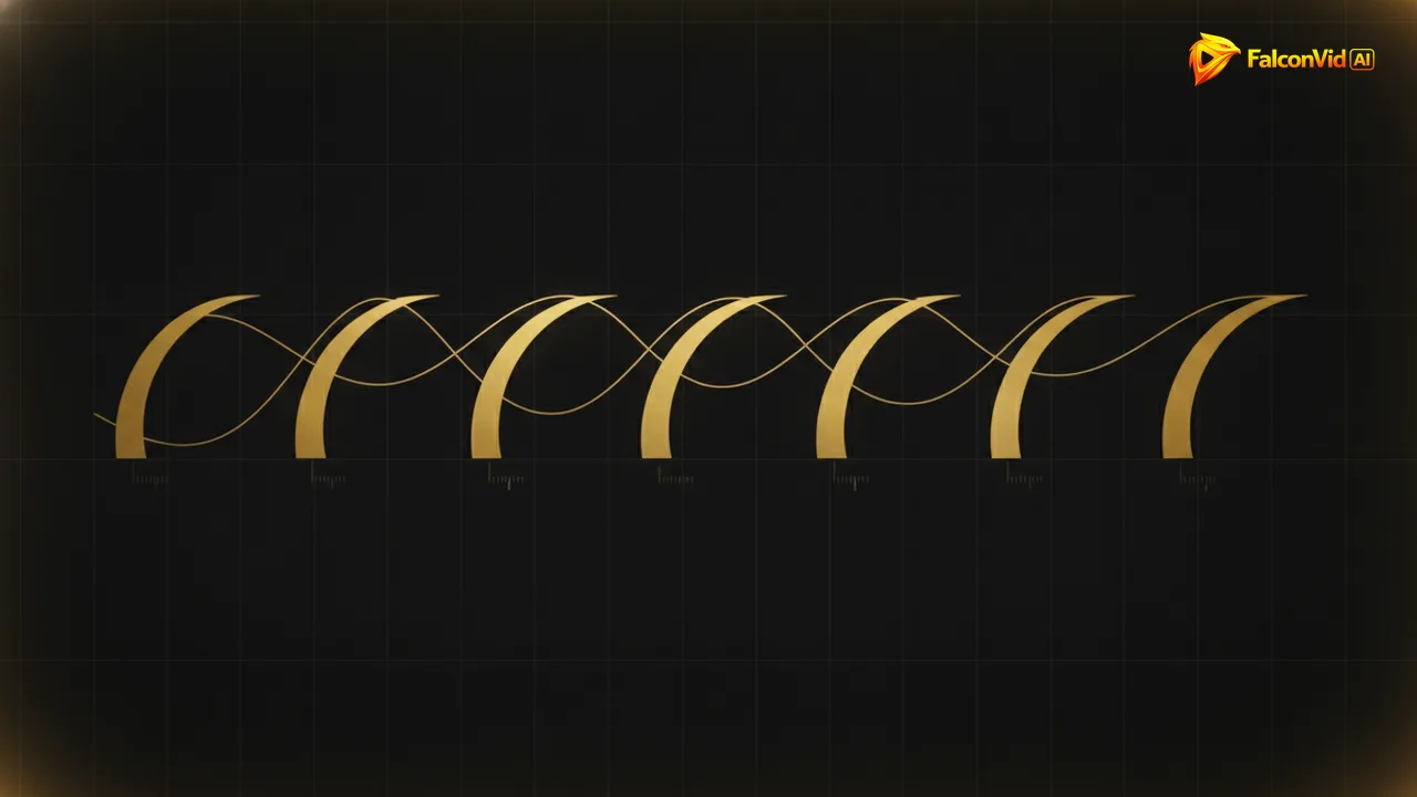 Seven identical golden arcs repeating across a dark grid, each brighter than the last, threaded by one continuous line.