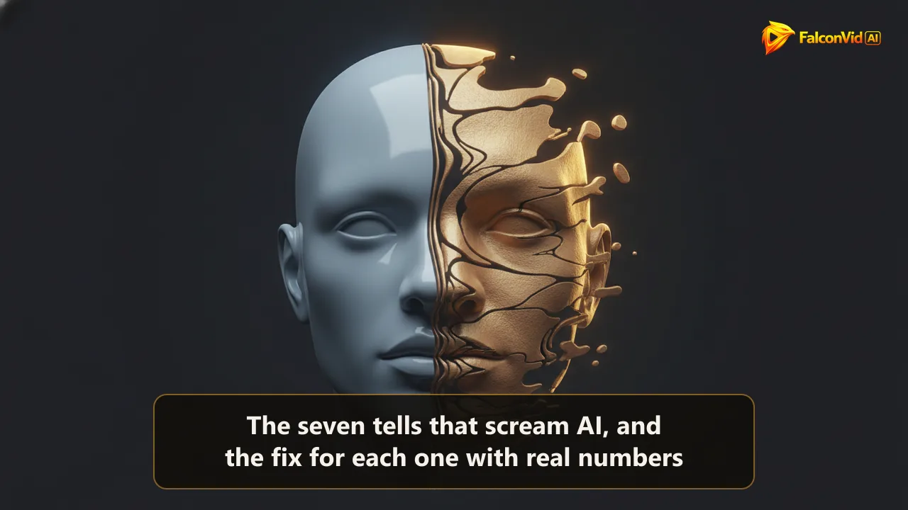A smooth plastic mannequin face on the left dissolving into a warm, richly textured human-like sculpted face on the right under golden rim light