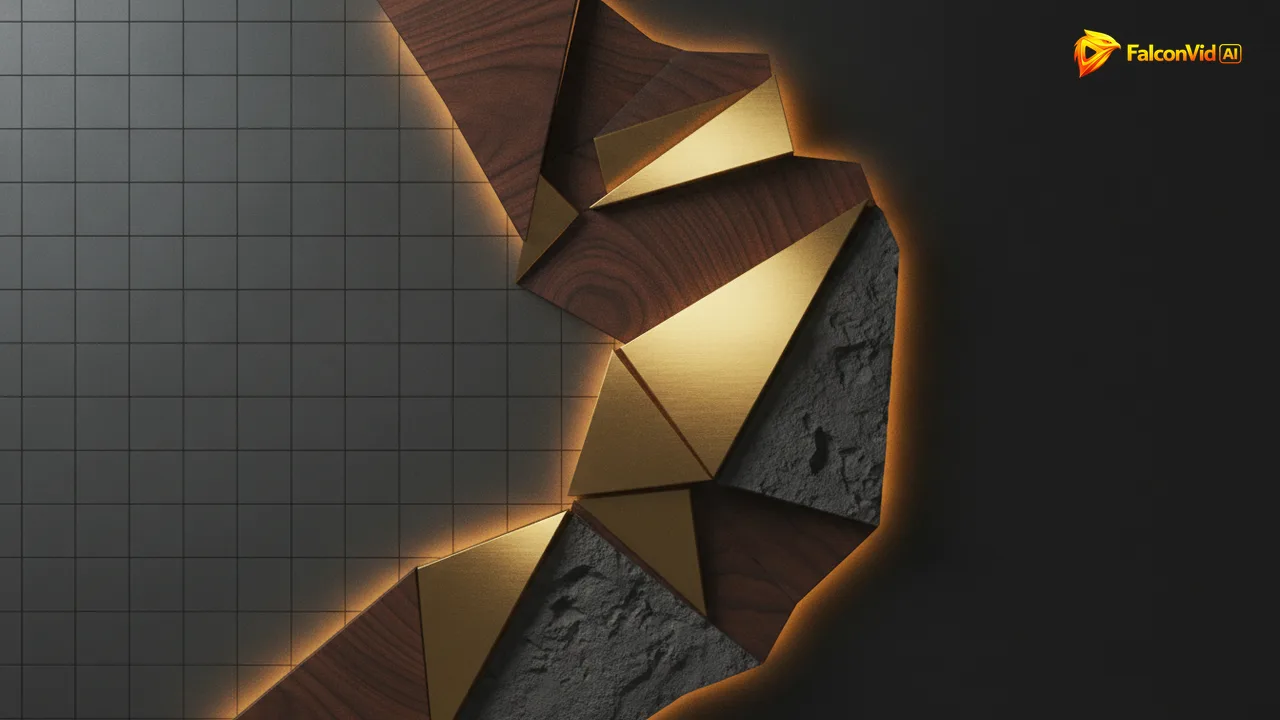 A flat gray uniform tiled surface transitioning into a surface of varied wood, brass and stone catching warm golden light