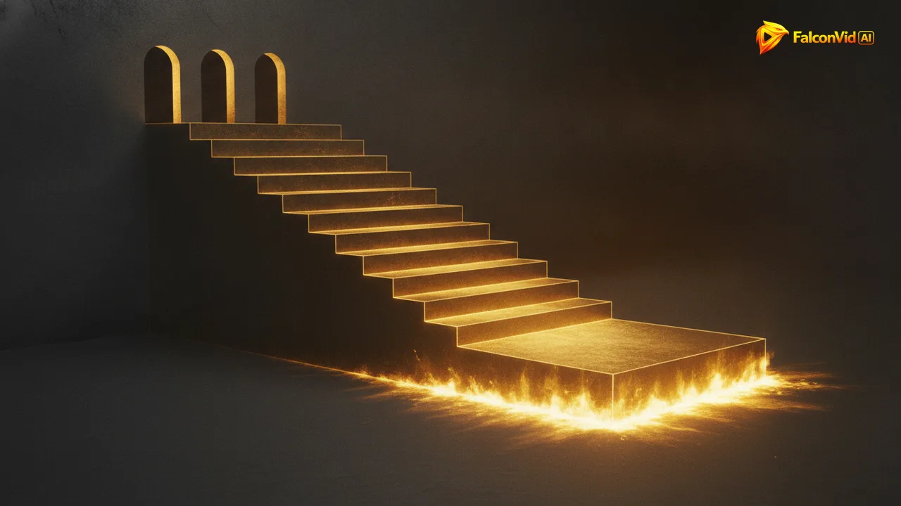 A descending staircase of glowing golden blocks growing brighter toward a blazing bottom step, with three small dark doorways set into the wall beside the upper steps.